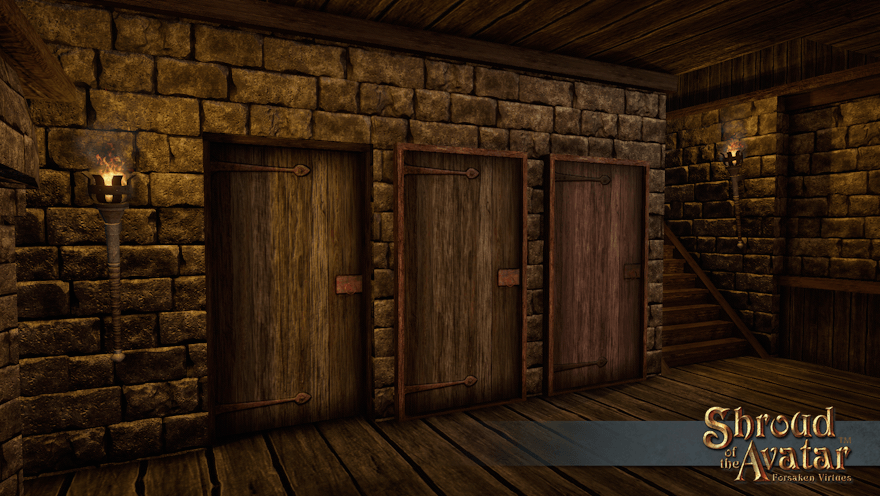 The front room of a plain wood-and-plaster row home shows three matching wooden doors: one to a back room, one to a basement, and one (pulsing reddish) to a dungeon.