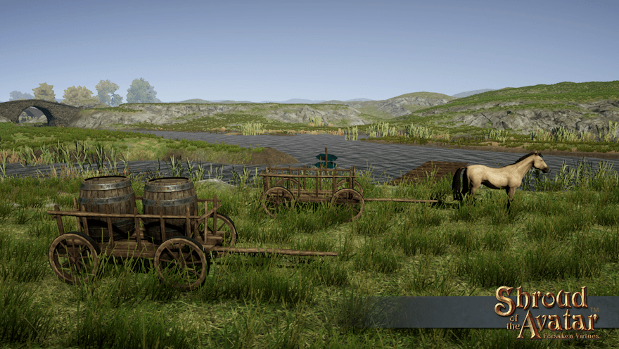 Two small carts with simple stick rails for sides wait near a river dock with a dun horse. One of them holds two barrels and has no room for more.