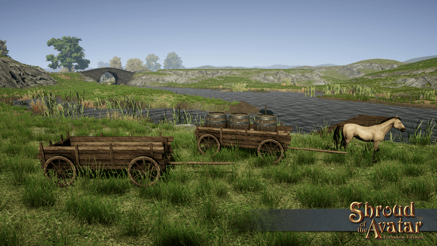 Two large carts with solid wood sides wait near a river dock with a dun horse. One of them holds three barrels and has no room for more.