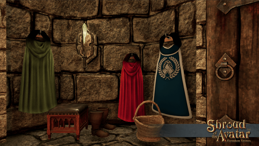In a stone alcove by a heavy door are a leather-topped stool and a pair of leather boots, an empty handbasket, and several cloaks: A large plain green one, a front-clasped blue one with silver edging, clasped gauntlets, and laurel branches; and a small red one.