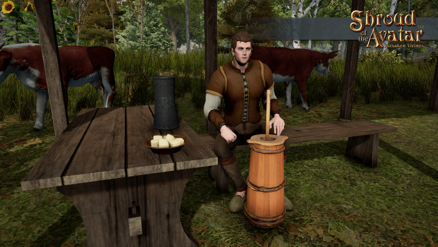 An Estgard awning shades cows wandering behind a farmhand sitting on a bench and slacking off from the butter churn set at his feet. A nearby table holds a large pewter jar and a bowl of butter chunks.
