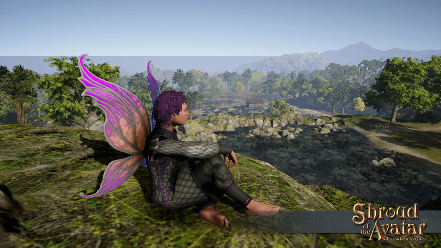 A barefoot woman with curly purple hair sits on a high rock watching the river in Jaanaford. She's wearing a pair of wings that shade from orange to purple, with an eldritch glow of blue in the angled shadow.