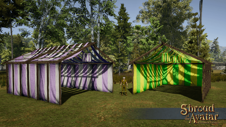 Two large rectangular tents with open tops sit on display, being shown by a Norgard villager. One is green and yellow and the other is dyed light grey and light purple.