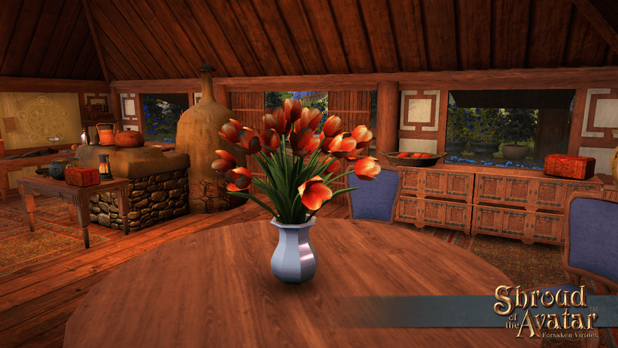 A large white vase of orange tulips stands on a round dining table across from a busy kitchen in a shogun village home, likely shedding pollen everywhere.
