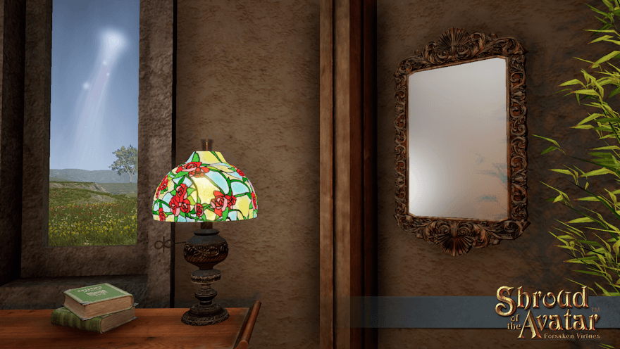 A wall in a fine manor holds a mirror with an elaborate wood and bronze frame. An alarmingly-close comet can be seen out the nearby window.