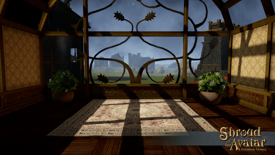 A greenhouse room at the top of a house holds an intricate cream and coral rug and a couple of potted azaleas.