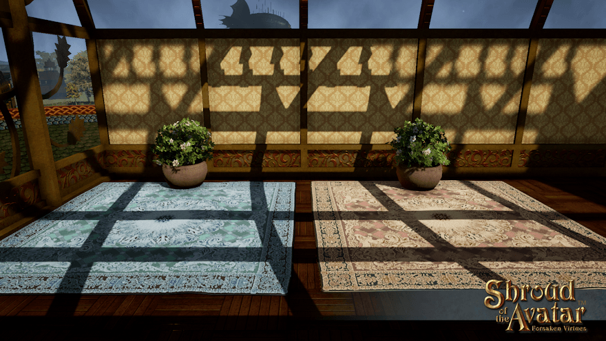 A greenhouse room at the top of a house holds two intricate rugs that really don't match and a couple of potted azaleas.