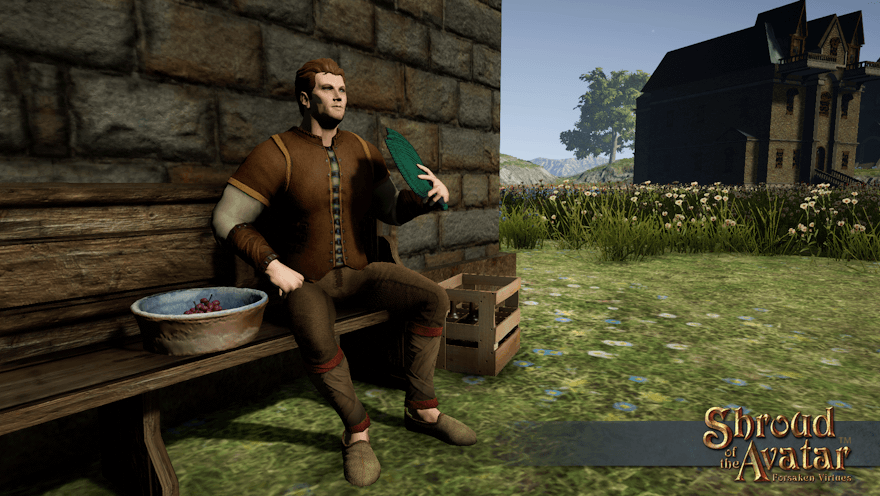 A vineyard worker fans himself with a bright aqua woven straw fan in a grassy courtyard. He's got a bowl of grapes and a crate of wine, but I think he just needs short sleeves.