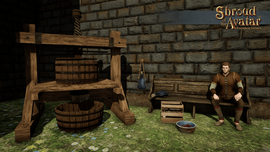 A vineyard worker rests on a crafted pew by a large press in a grassy courtyard. That surely takes more than one person to operate.
