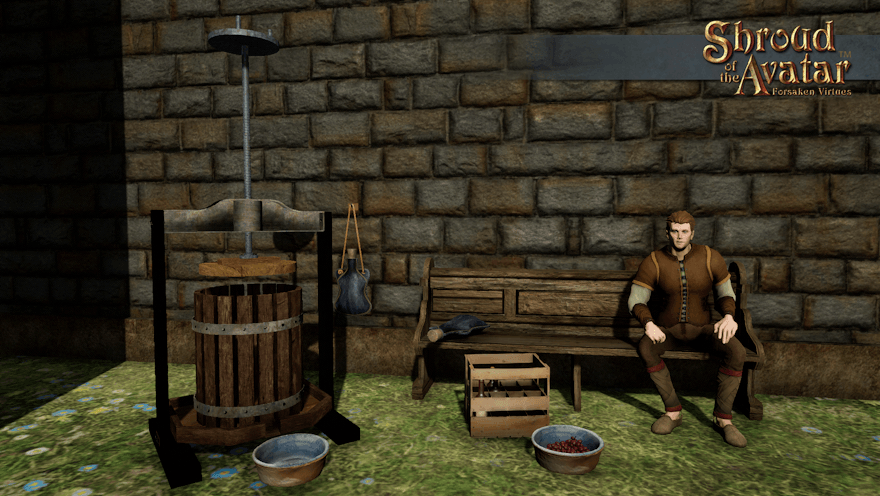 A vineyard worker rests on a crafted pew by his press in a grassy courtyard.