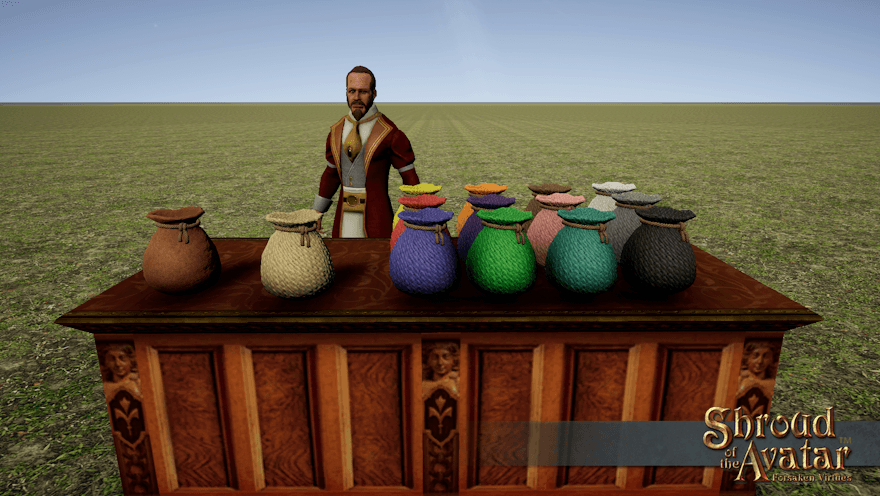 A merchant in a fancy red jacket stands behind a counter full of small bags: one leather, one undyed canvas, and twelve canvas dyed different colors.