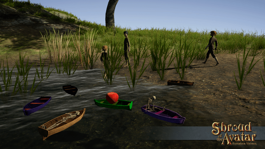 Three children play in a pond with toy boats of different colors. One carries an apple and a couple of them bear tiny skeletons.