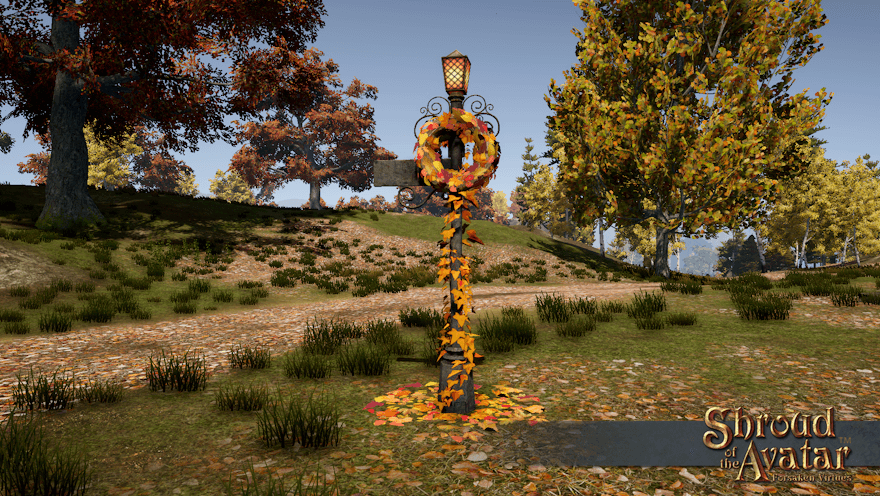 Next to a dirt path in Harvest, a metal street lamp and sign holds a red and gold autumn leaf wreath.  Leaves also climb the base and litter the ground around it.