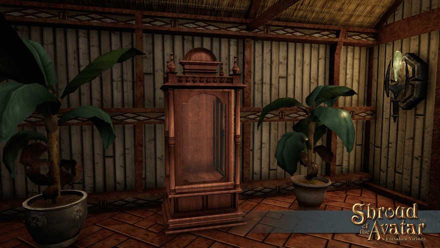 This ornate doll display box of reddish wood is sitting empty in a houseboat's cabin, surrounded by potted banana trees.  Perhaps the captain is expecting a pirate doll.
