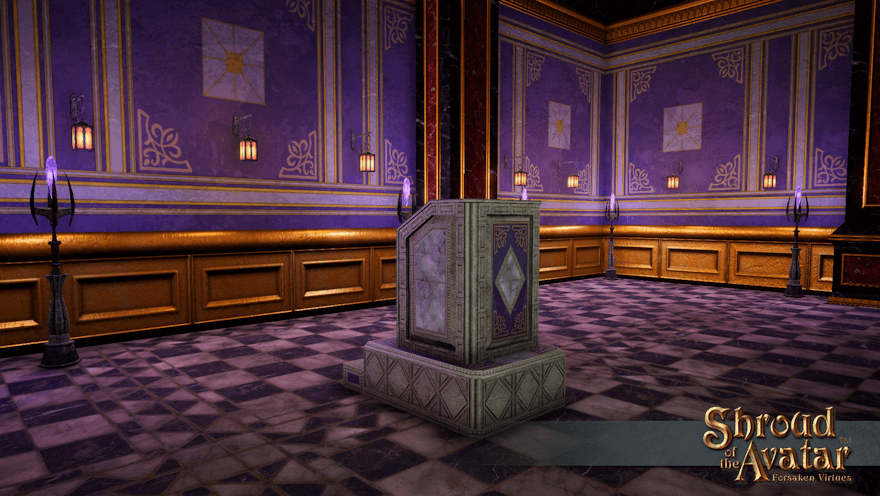 A fancy pale marble podium with purple and gold decorations sits ready in a grand purple and gold hall.  This is gonna take a while...
