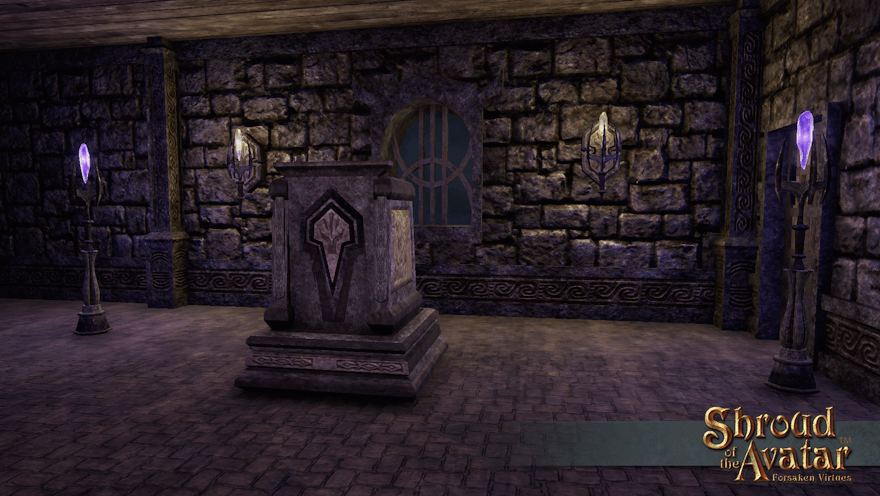 A fancy stone podium decorated with carved dragons and Obsidian symbols sits ready in the front room of an Obsidian-style inn.