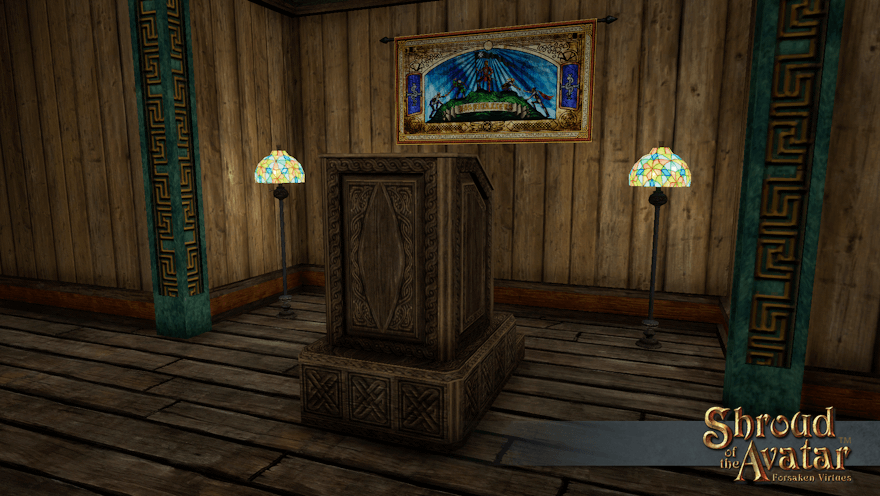 A fancy carved wooden podium sits ready in a Norgard hall, lit by stained glass floor lamps and backed by a Hospitallers tapestry.