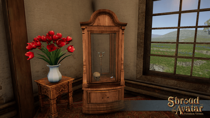 A tall wooden case with glass on all four sides and a drawer underneath sits in the corner of a plastered room next to a vase of red tulips and a large picture window looking out into meadow.  The case holds two wands and a skull.  Wands are a good way to get skulls: if you kill someone with, say, ice, you don't need to worry about leaving marks on the bones.