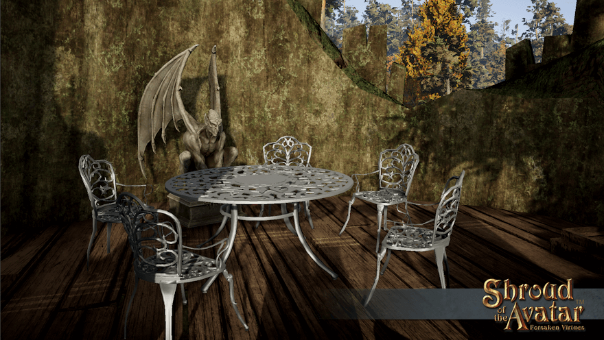 Five silver iron chairs and a winged gargoyle sit around a large matching table in the afternoon Brookside light on a hollow log home's roof deck.