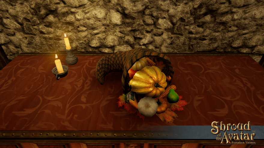 A cornucopia bursting with produce sits on an inlaid wooden table.  It seems they keep all the pears for themselves: I've never gotten one!