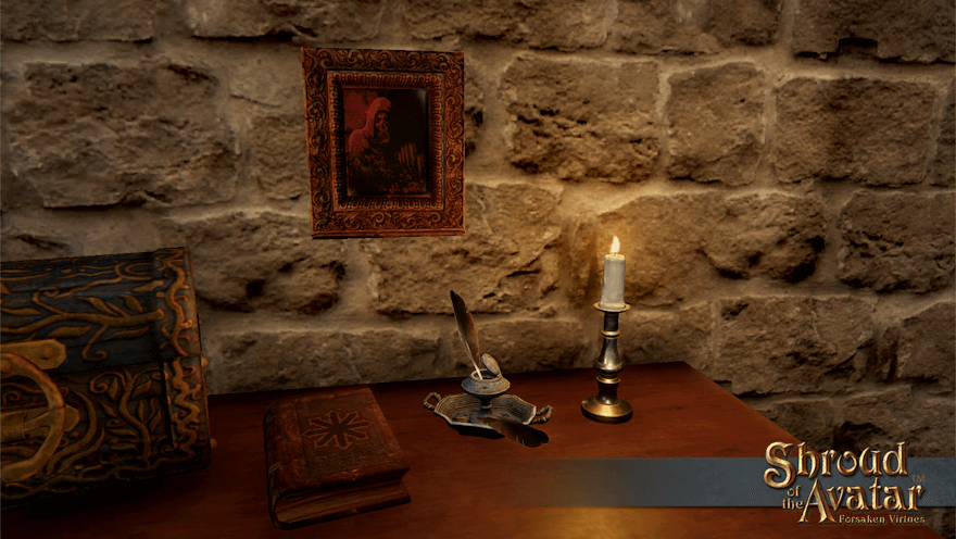 It's hard to see what might be peering out of this painting.  A red cowl, a red skull, red claws?  It's in a nice carved wooden frame, though, on a stone wall above a table with a book of chaos and an inkwell on it.  ...for taking dictation?