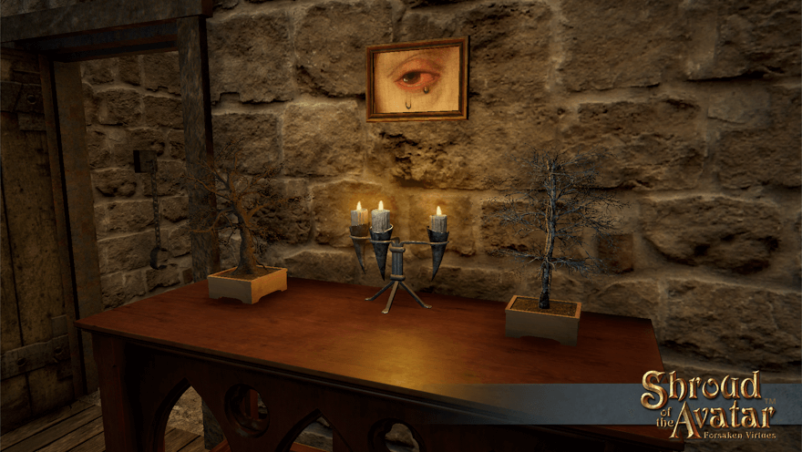 Above a table holding several dead plants and candles, a small painting of a bloodshot, crying eye looks off to the left to an open door.  Who keeps shackles in the back room?  Those go in the basement.