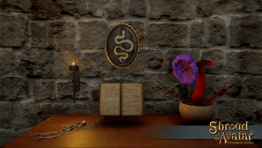 An oval painting of a snake skeleton curls above a table holding an open book.  It's being guarded by a redthorn, though; some small being has learned that the hard way.