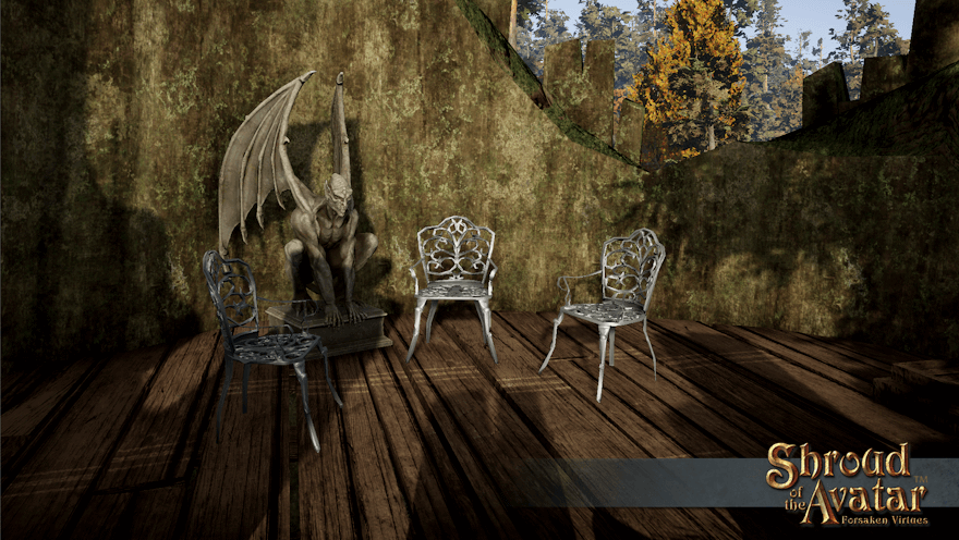 Three silver iron chairs and a winged gargoyle sit around in the afternoon Brookside light on a hollow log home's roof deck.  He's been very patient, but we should probably figure out what to feed him.
