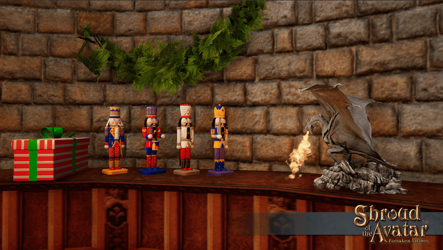 Four assorted tabletop nutcrackers on a curved counter guard a gift box from a tabletop dragon that breathes fire.