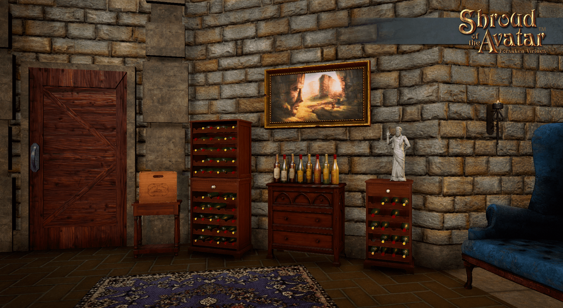 Against a stone wall are an almost Avatar-height wine cabinet with a central drawer, one half the height and a bit narrower and with a top drawer, doubling as a side table; a gothic chest of drawers holding eight wine bottles with different custom labels in runic, and a gothic console holding a wine bottle transport crate.